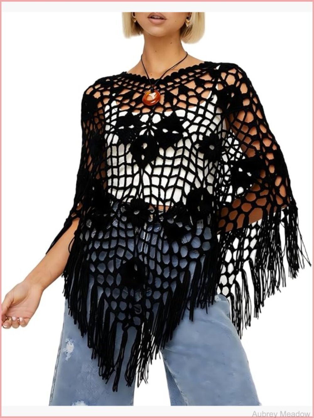 Boho Fringe Poncho Crochet Hollow Out Knit See Through Shrug Shawl Cover Up